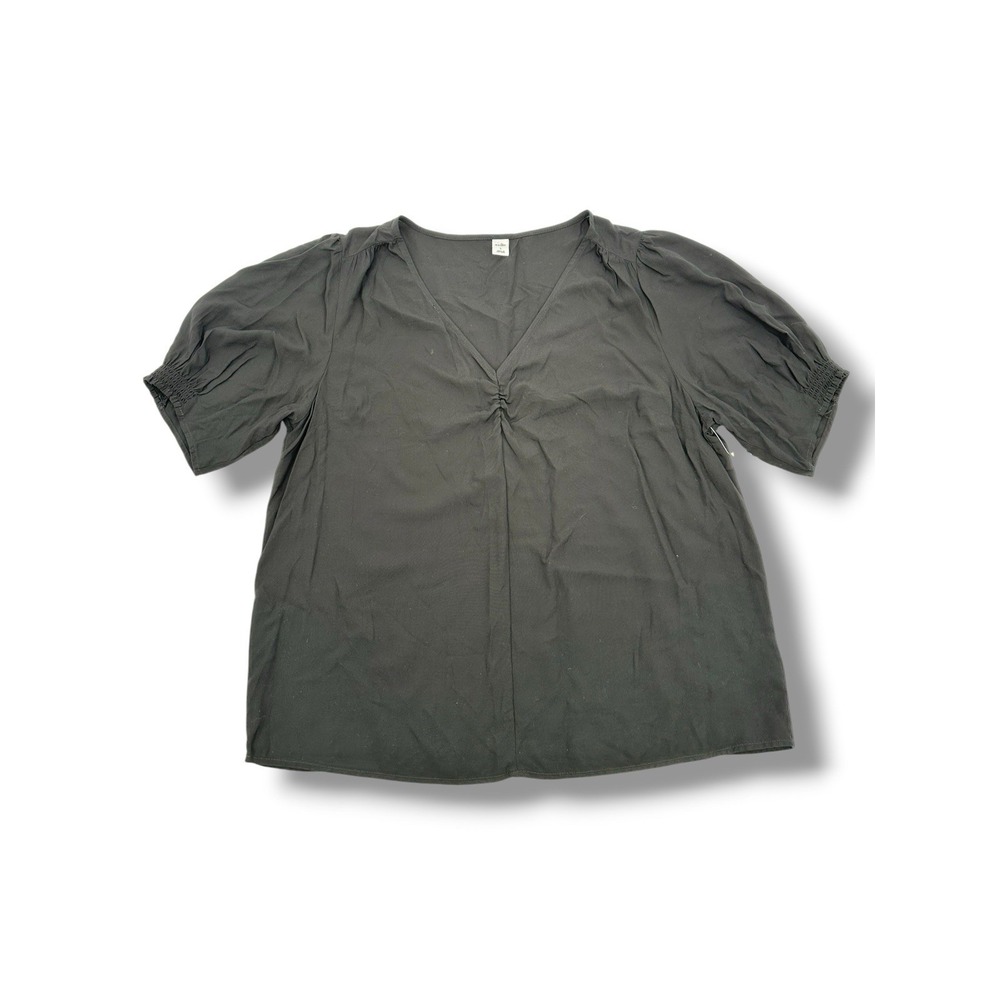 Old Navy Black Cinch‎ Top L Puff Sleeve V Neck Blouse Minimalist Casual Office